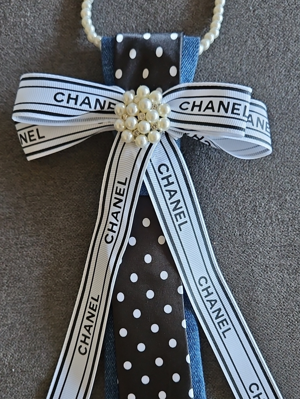 Hand Crafted Black and White Polka Dot Necktie on a Denim Handmade Tie Necklace - Picture 5 of 5